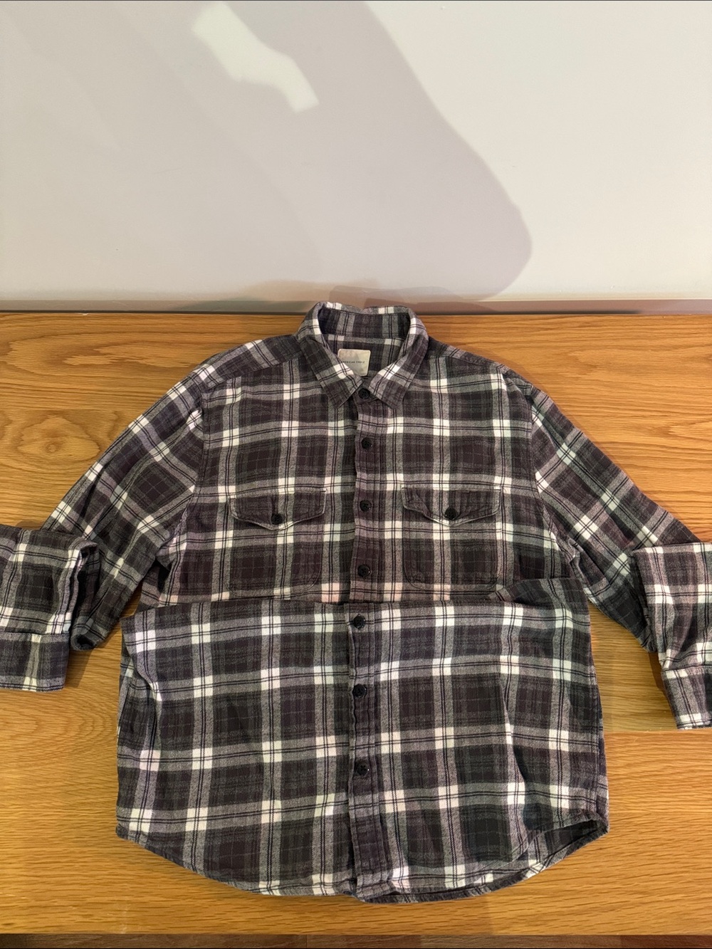 American Eagle Outfitters Plaid Flannel Button-Down Shirt in Black & Gray